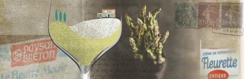 Stlisiertes Weinglas, dem Weißwein kreist und auf der Weinoberfläche Zypressen und ein Weingut steht. Spargel als close up und französische Butter. Hintergrund ist eine alte Postkarte aus Frankreich
